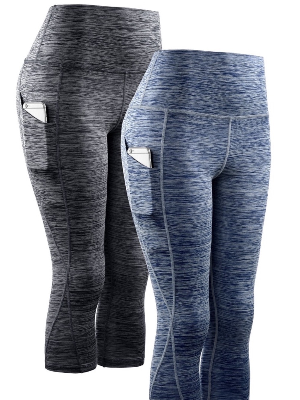 Women’s Navy Blue and Grey Space-Dye Capri Cropped Leggings with Pocket